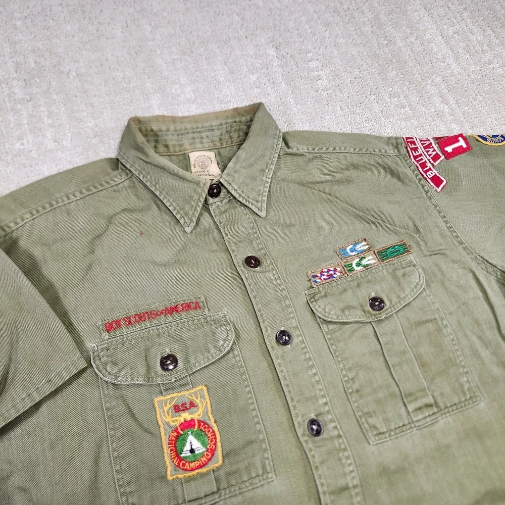 Vintage 40s Boy Scouts Shirt Men 16.5 L Sanforized Cotton WV Button Up USA Beige